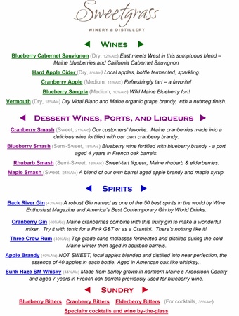 Sweetgrass Winery & Distillery - Union - menu