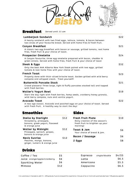 Blackswift Bistro @ Johnston Canyon - Black Swift Breakfast menu