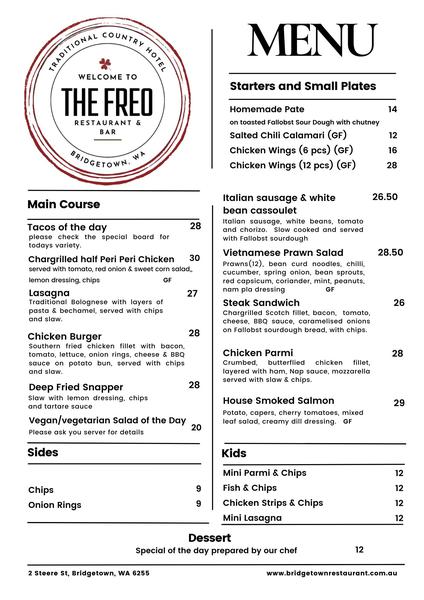 The Freo Bridgetown - Current menu